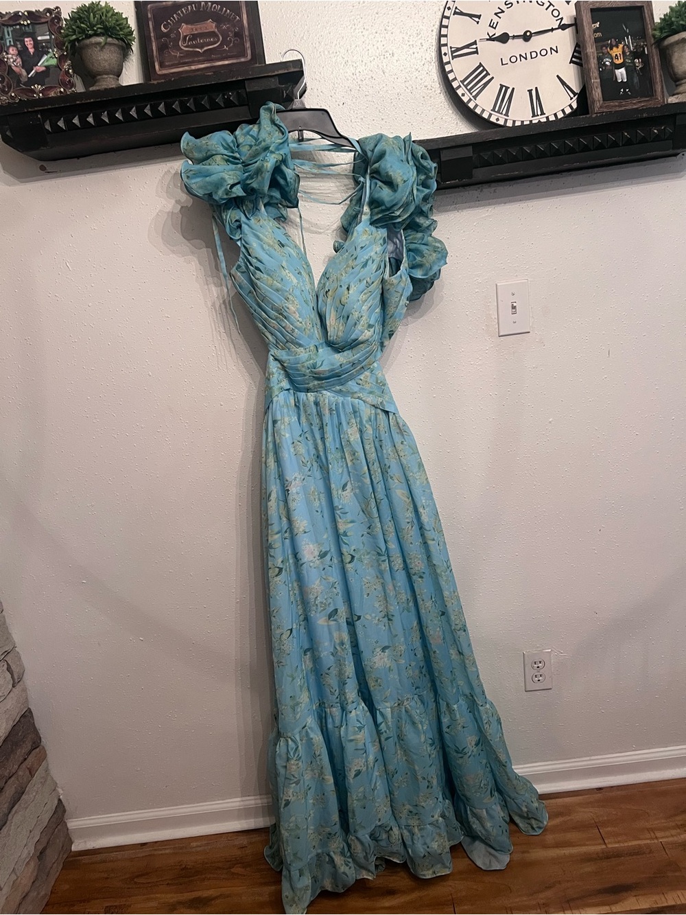 Light Blue Floral Maxi Dress with Ruffle Shoulders